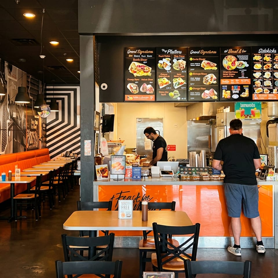 Casual restaurant interior with counter, menu boards, staff, and a customer eating at an orange booth.