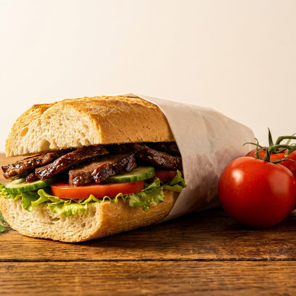 Hearty sub sandwich with sliced meat, fresh vegetables, and parsley on a rustic wooden surface.