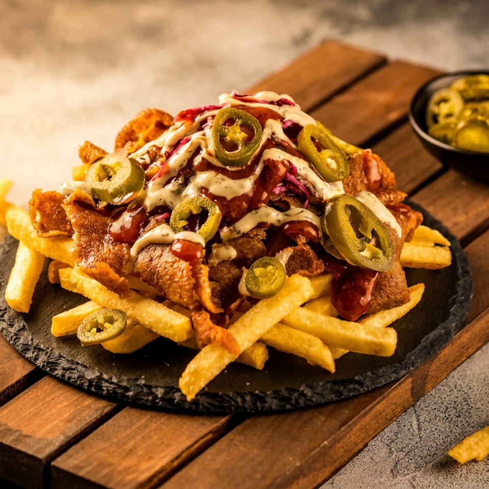 Loaded golden fries with seasoned meat, creamy sauce, spicy jalapeños, and red cabbage on a black plate.
