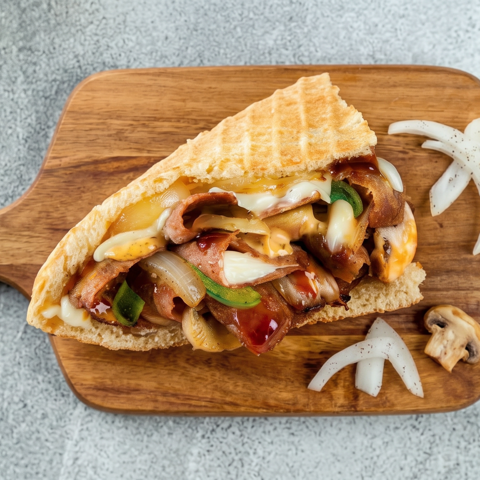 Grilled pita sandwich filled with meat, melted cheese, onions, peppers, mushrooms, and sauce on a wooden serving board.