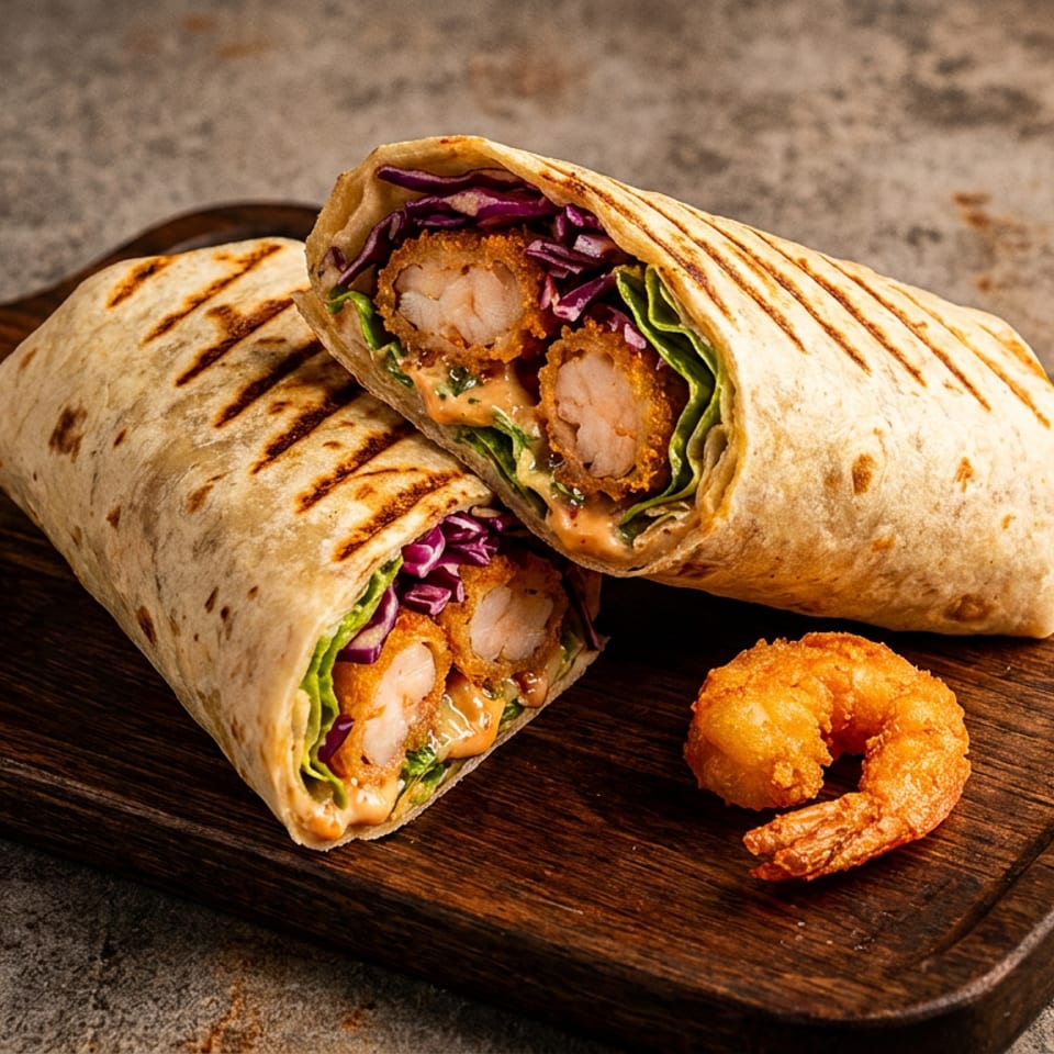 Two shrimp wraps and a single fried shrimp on a wooden board, filled with lettuce, cabbage, and sauce.