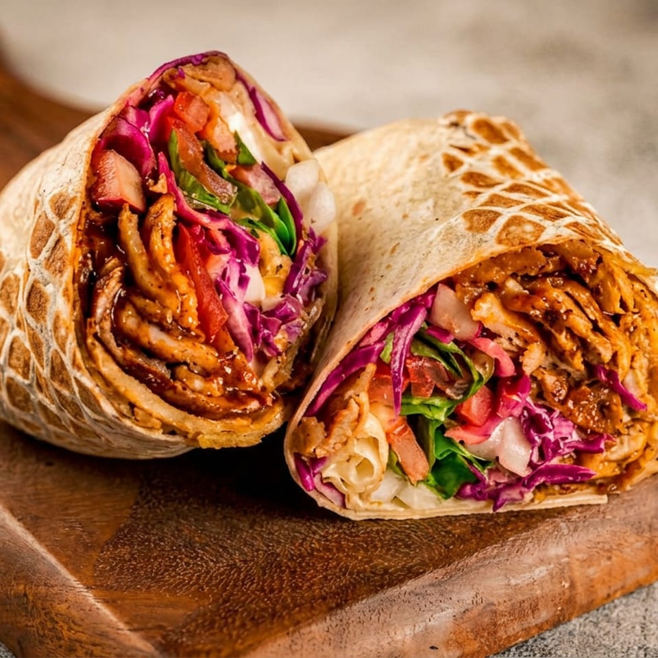 Two colorful doner kebabs, cut in half, filled with meat and fresh vegetables on a wooden board.
