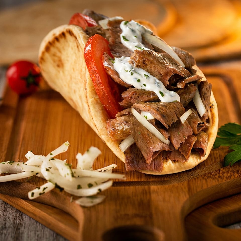 Savory gyro in pita bread with sliced meat, tomatoes, onions, and tzatziki sauce on a wooden board.