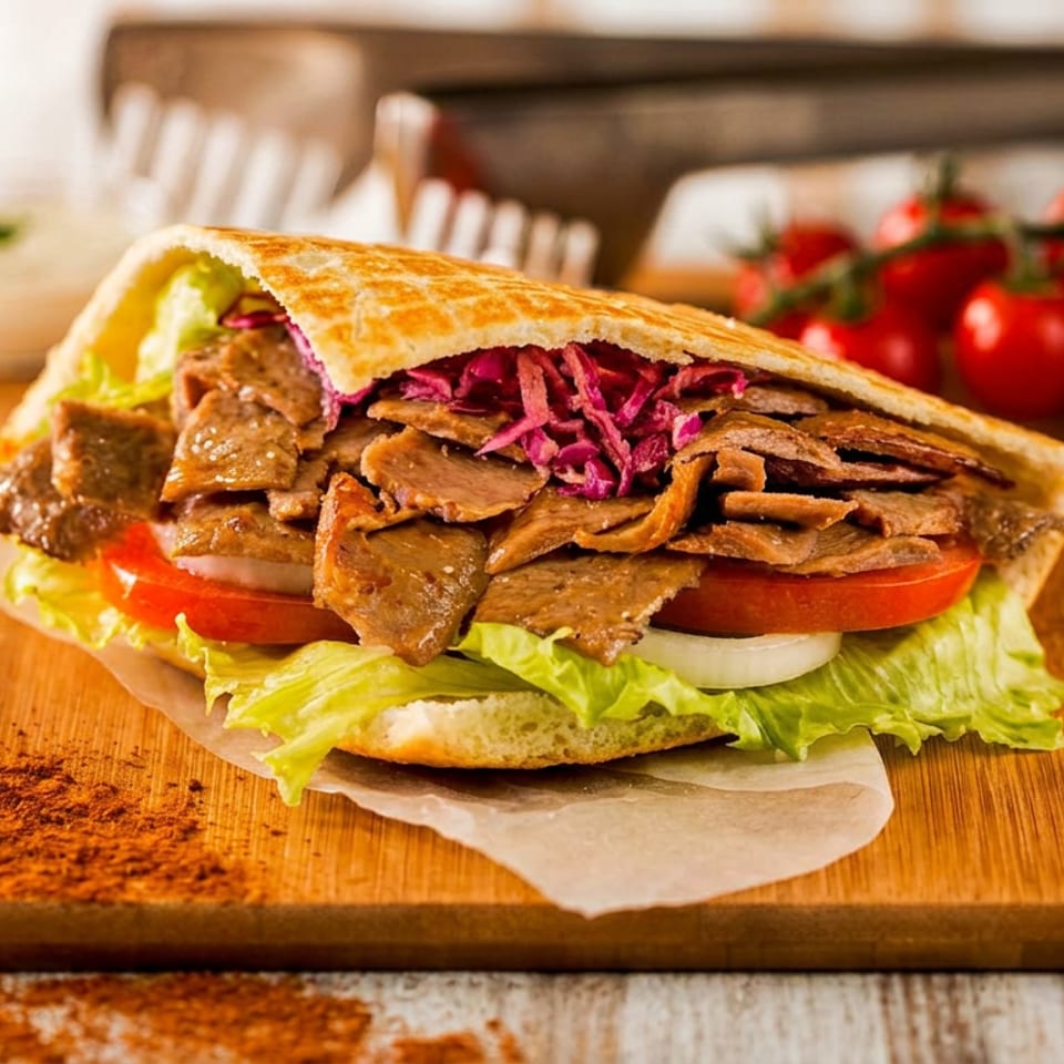 Kebab in pita bread with sliced meat, lettuce, tomato, onion, and red cabbage on a wooden board.