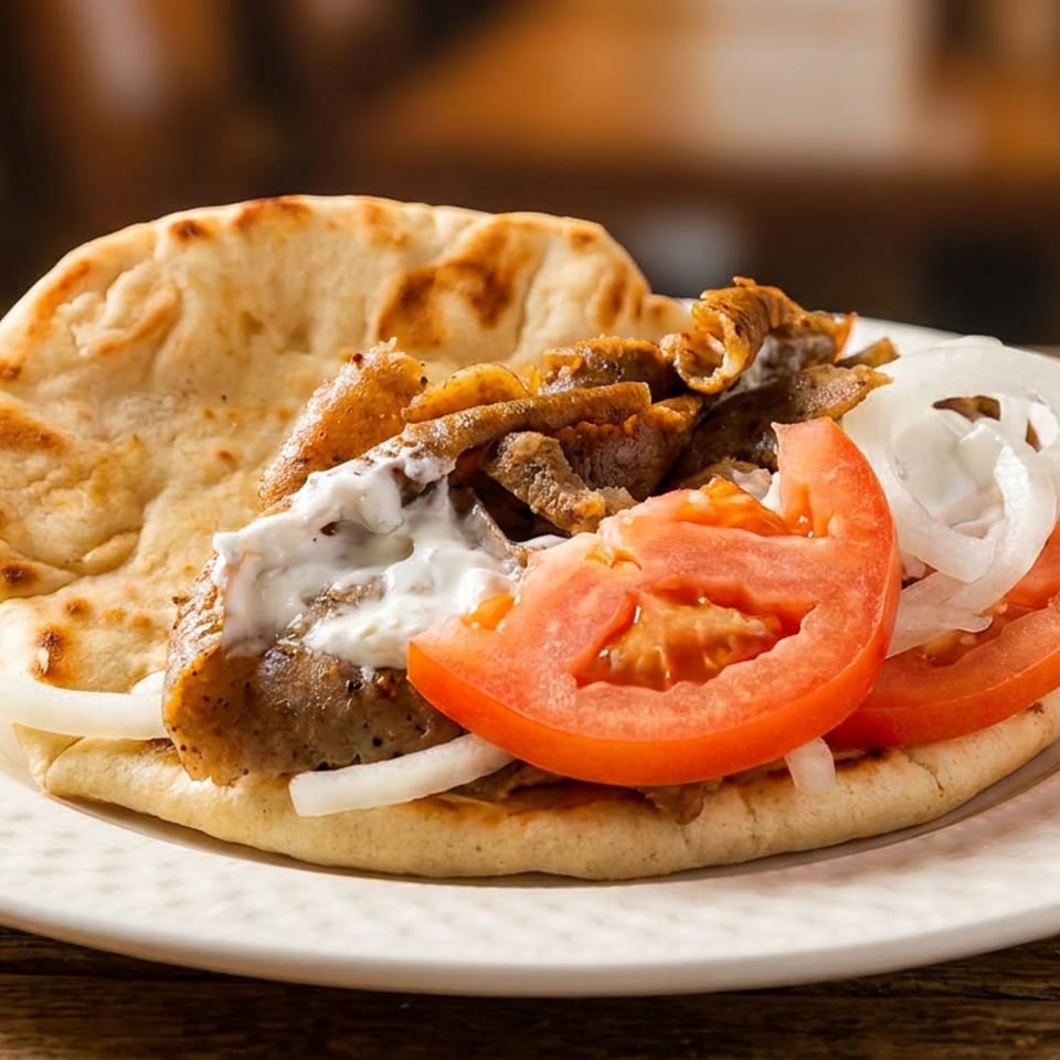 Gyro on pita bread with meat, tzatziki sauce, sliced tomatoes, and onions on a white plate.