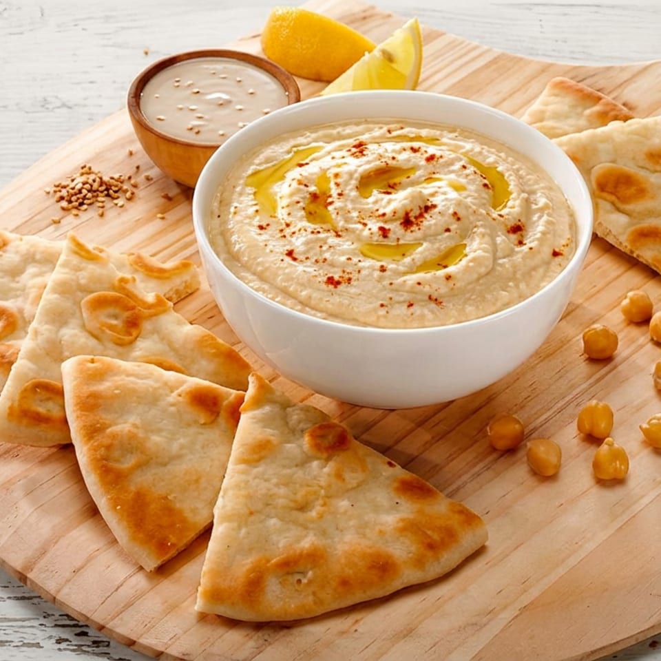 Creamy hummus with olive oil and paprika, served with pita bread and lemon on a wooden board.